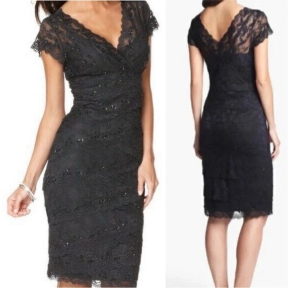 MARINA Lace Layered Bead Bodycon Cocktail Party Midi Dress Black - Picture 1 of 12